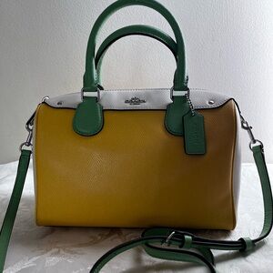 Coach Mini Bennett Satchel in Color-Block Canary Green and White. COACH